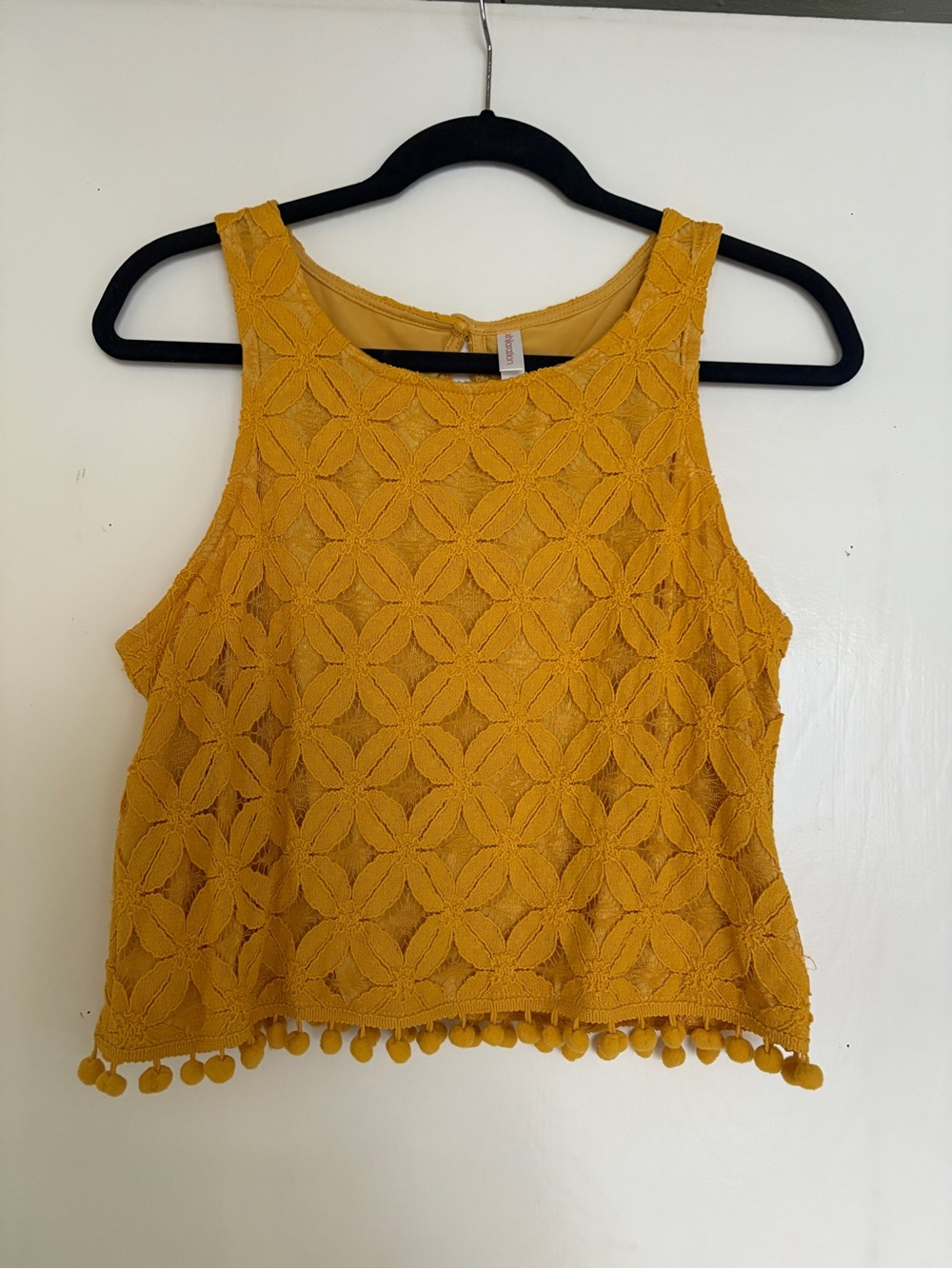 Xhilaration Mustard Yellow Lace Crop Top with Pom Pom Hem